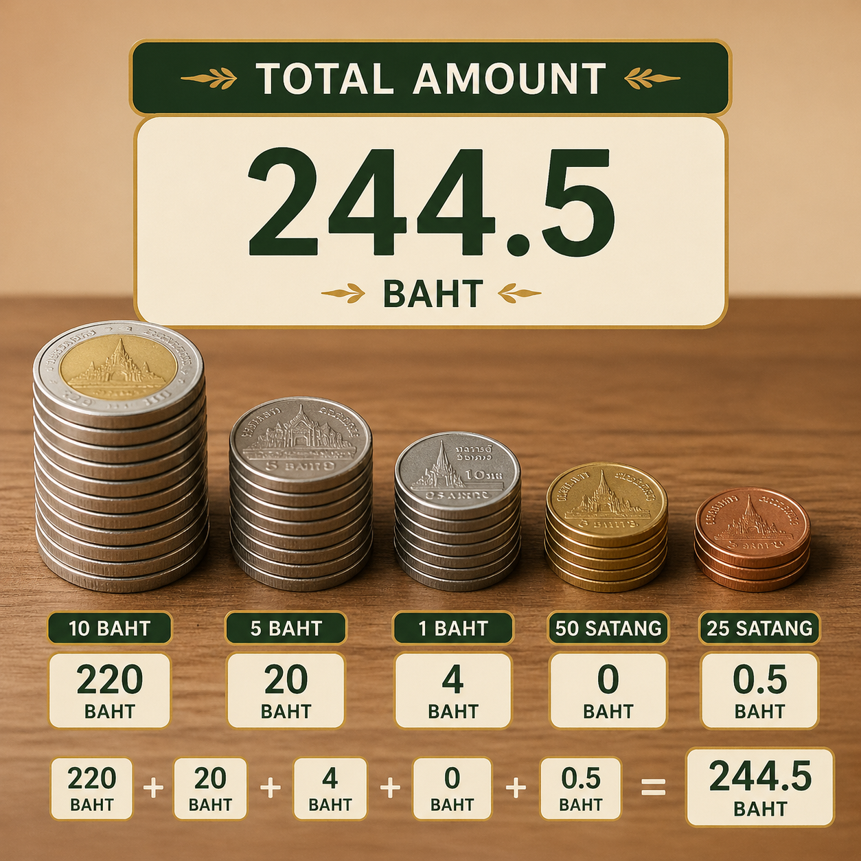 Edit this image so that total amount changes to 244.5 baht. You can change th... output