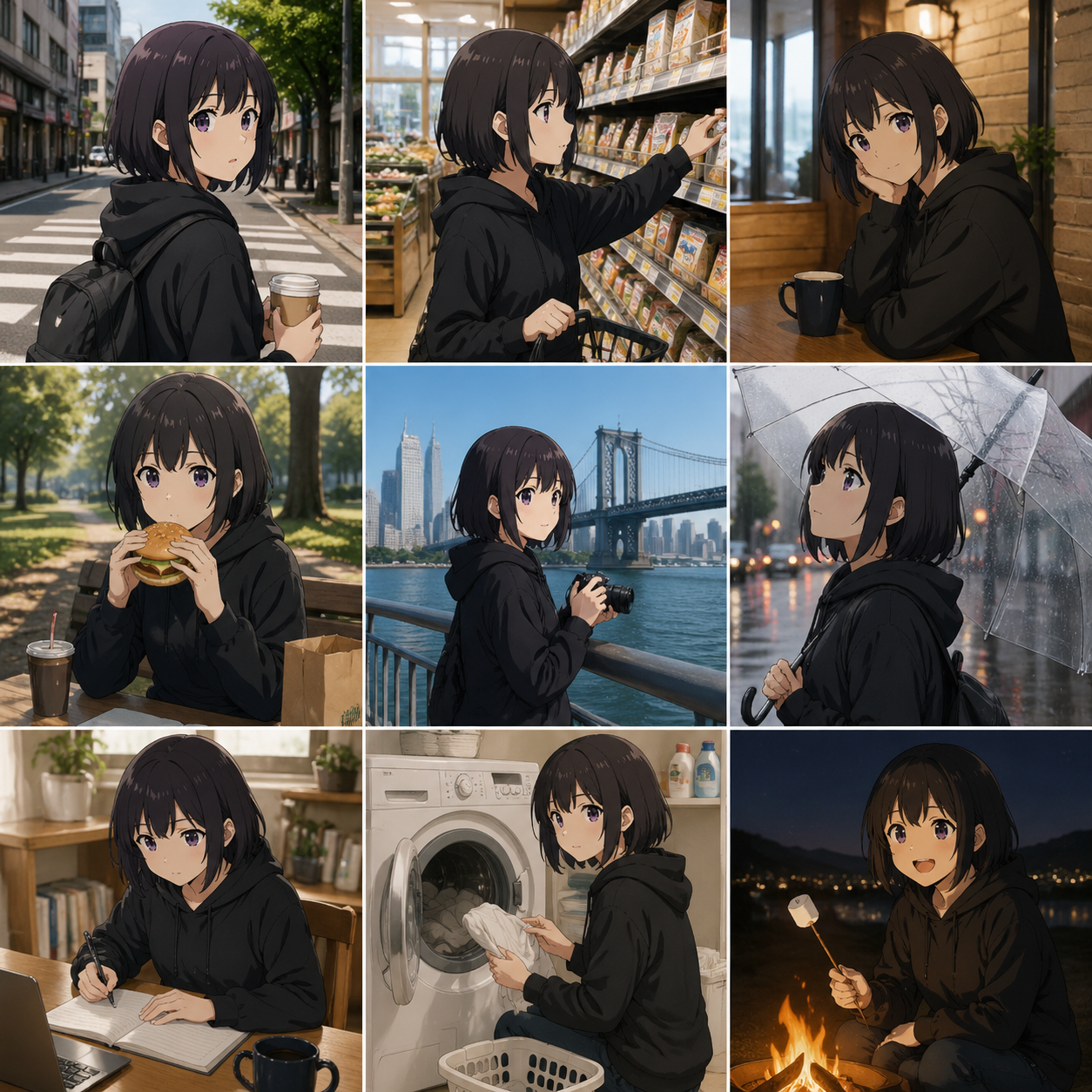 2D Anime Character Real-World Grid Scenes output