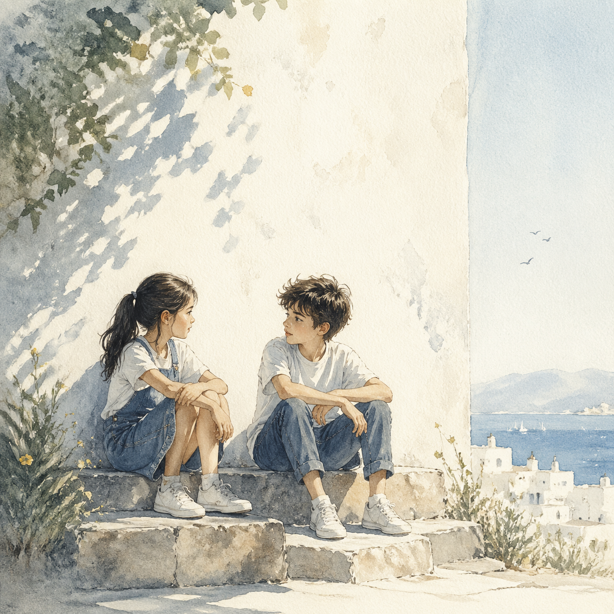 Soft poetic children's book illustration with watercolor and gouache textures... output