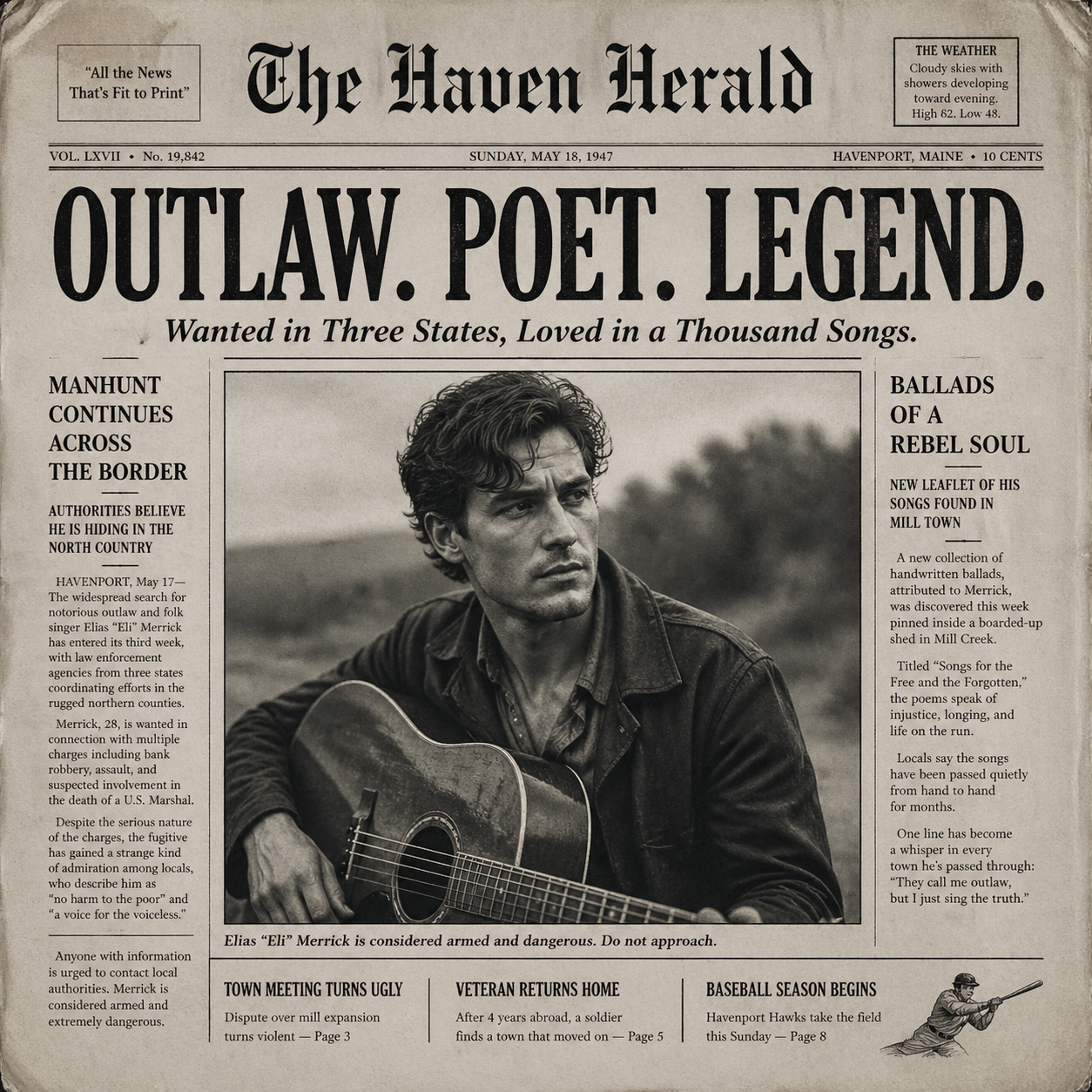 Create the most realistic front page design of a vintage newspaper featuring ... output