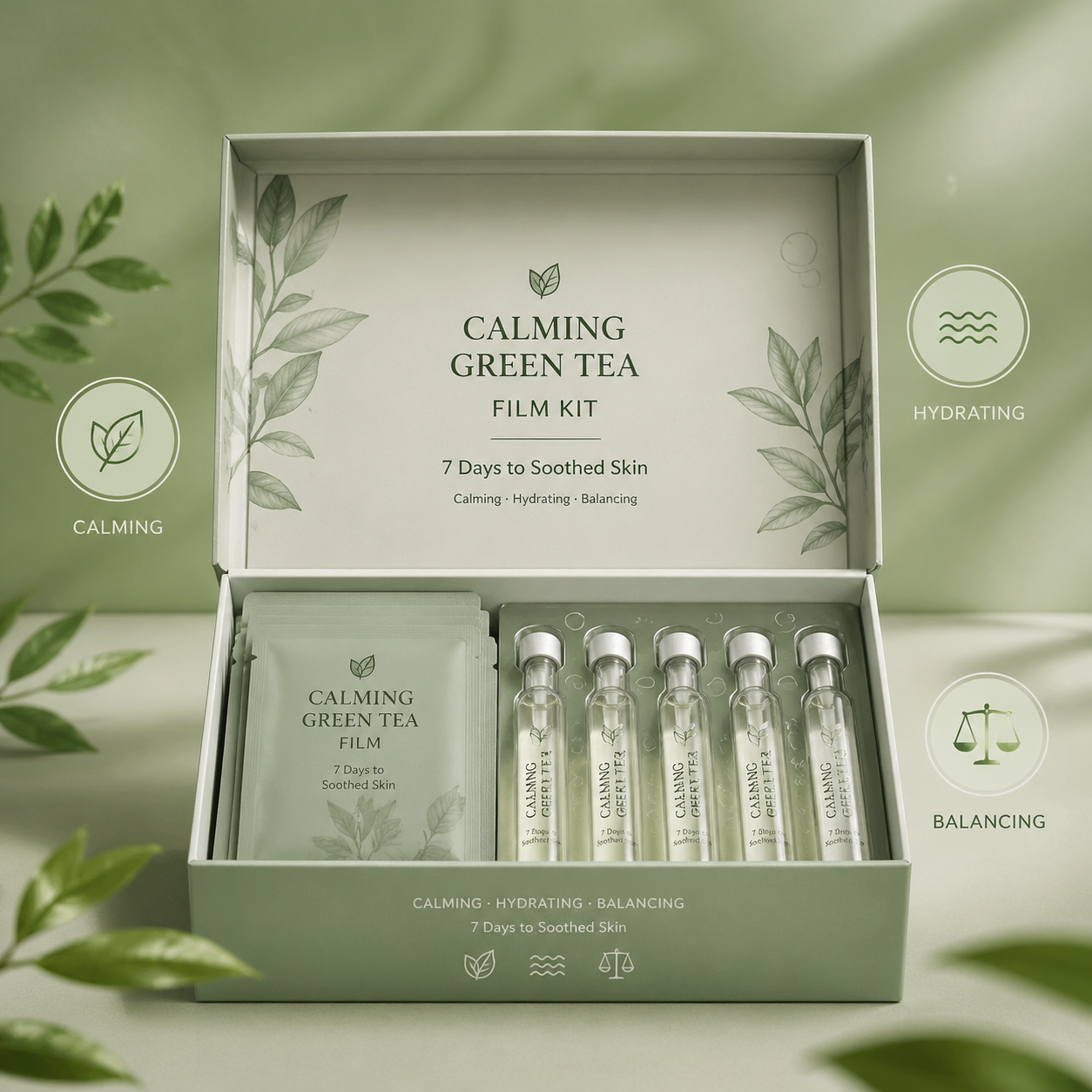 CALMING GREEN TEA Film Kit displayed frontally, the open box shows soft sage-... output