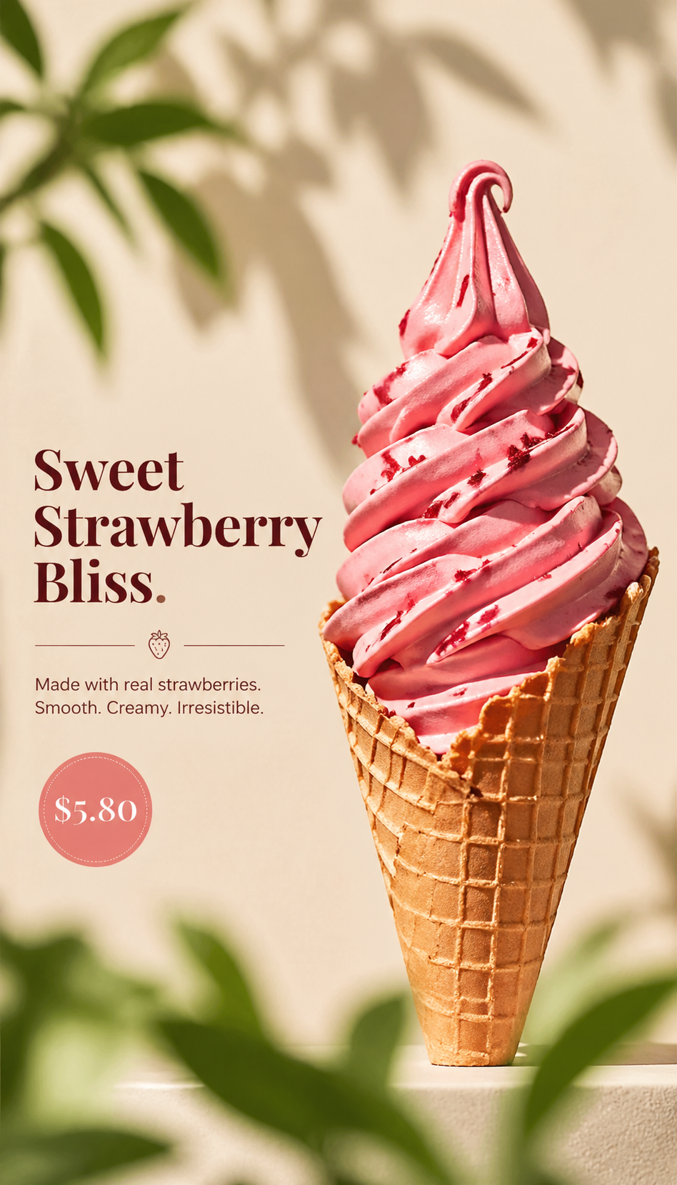Ultra-realistic product photography of a rich strawberry soft-serve ice cream... output
