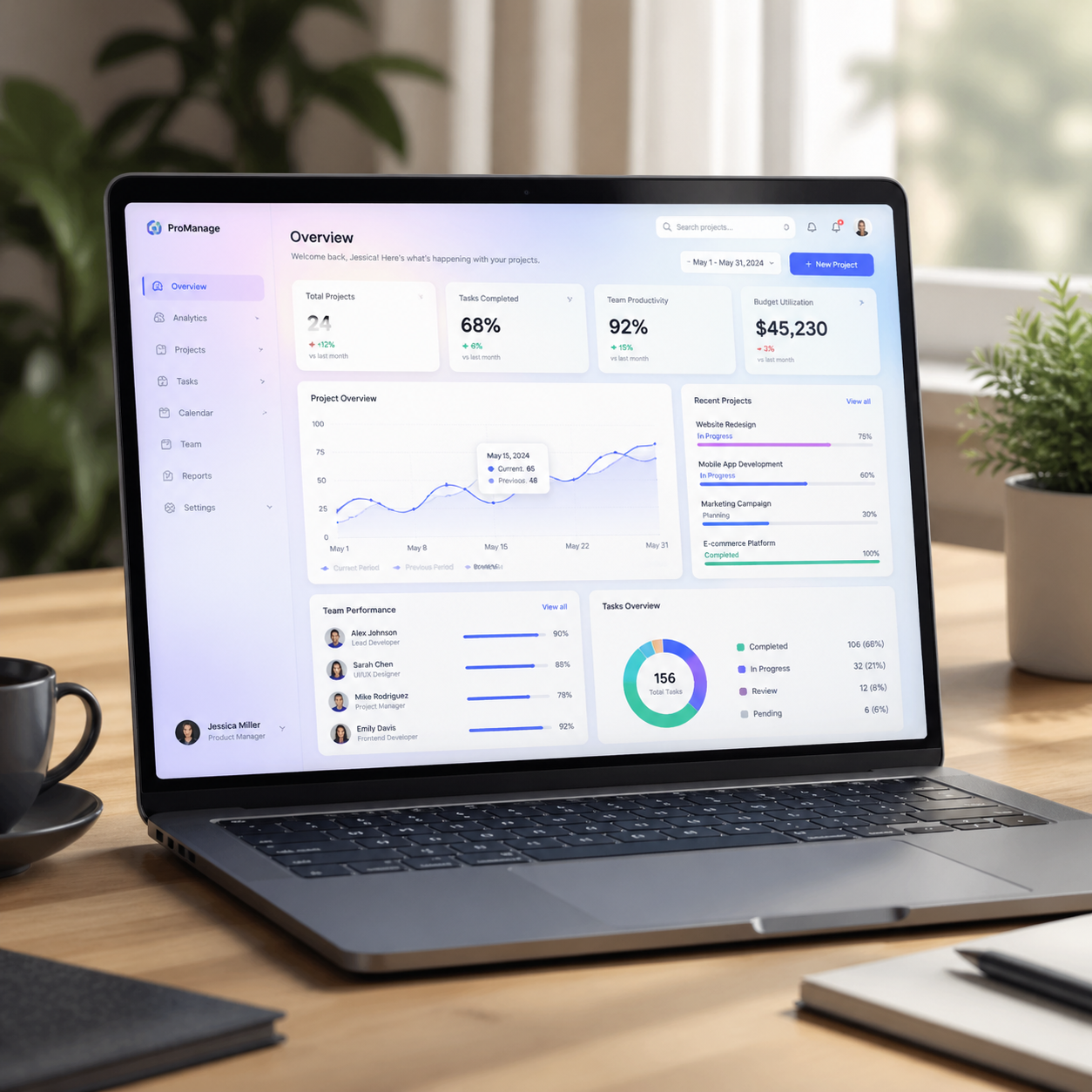 A hyper-realistic UI/UX mockup displayed on a slim modern laptop placed on a ... output